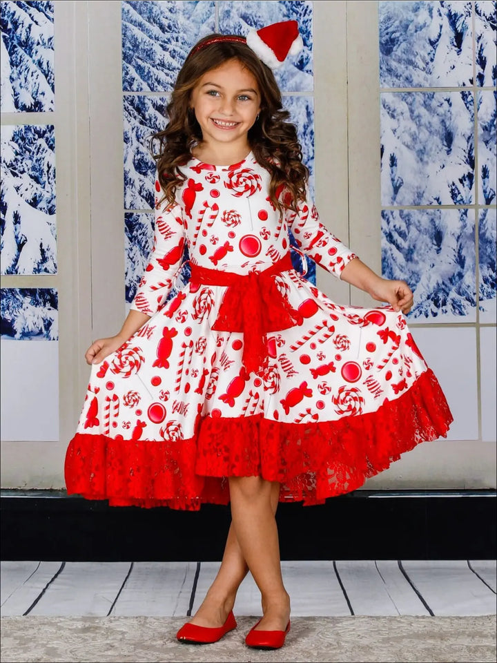 Girls A-Line Long Sleeve Lace Ruffled Hem and Sash Twirl Dress - Girls Christmas Dress