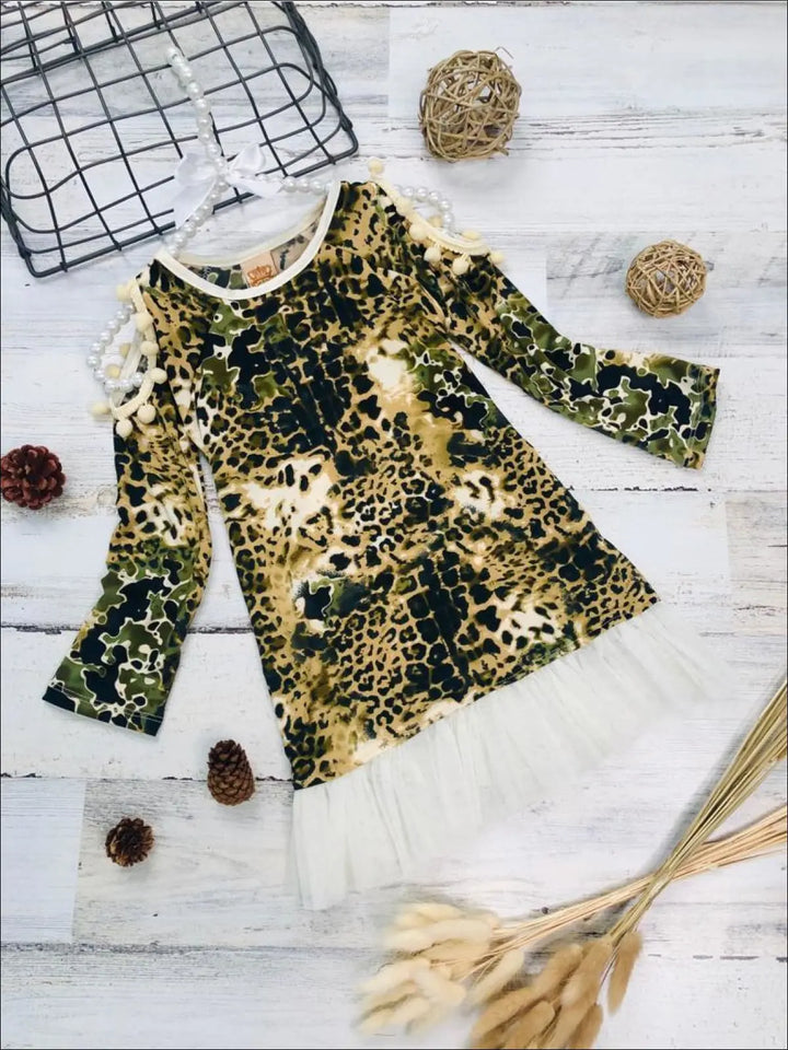 Girls Animal Print & Creme Raglan Sleeve Cold Shoulder Ruffled Top - Girls Fall Top