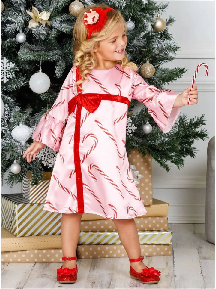 Girls Bell Sleeve Cross Over Bow Present Dress - Girls Christmas Dress