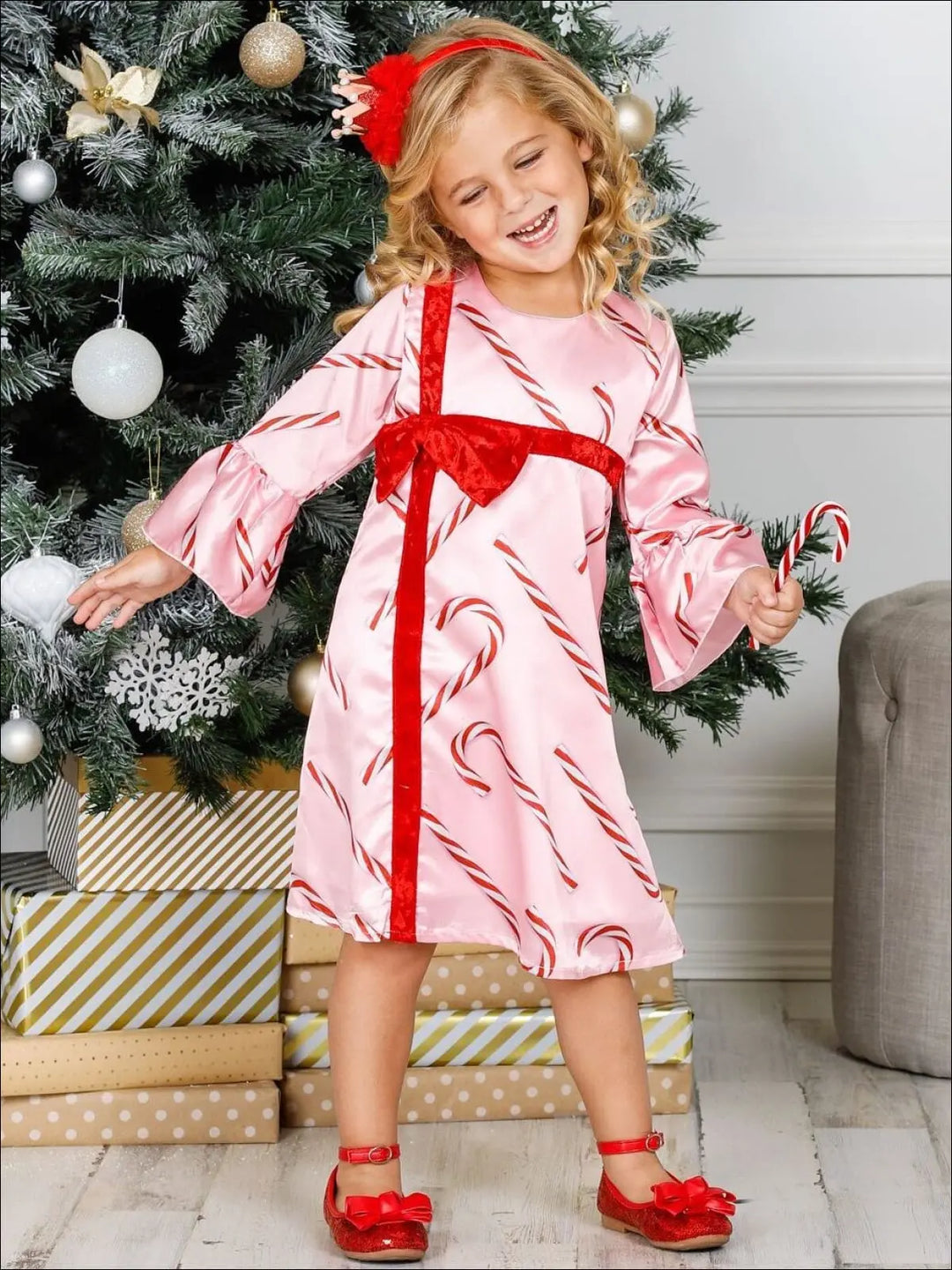 Girls Bell Sleeve Cross Over Bow Present Dress - Girls Christmas Dress