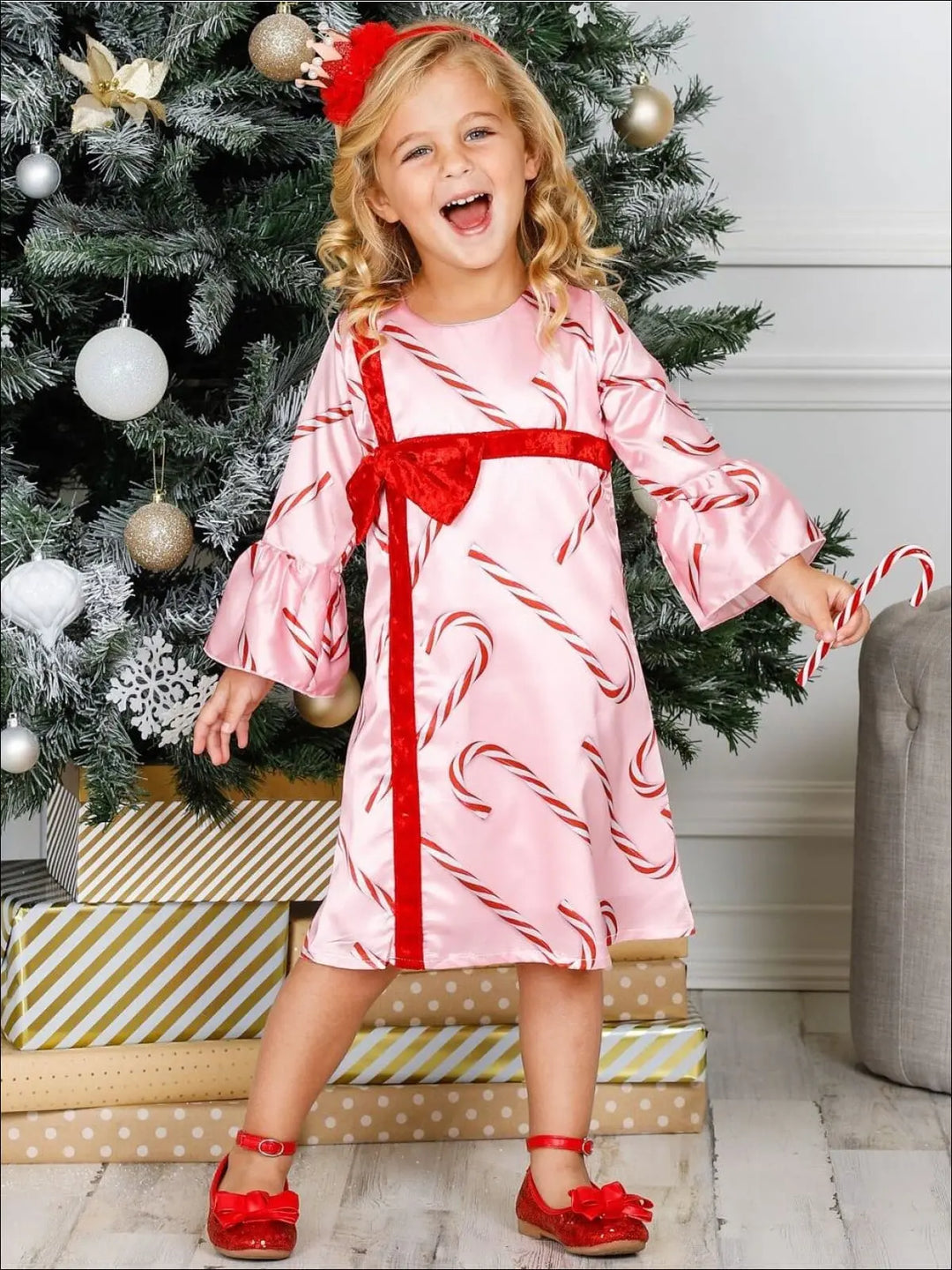 Girls Bell Sleeve Cross Over Bow Present Dress - Girls Christmas Dress
