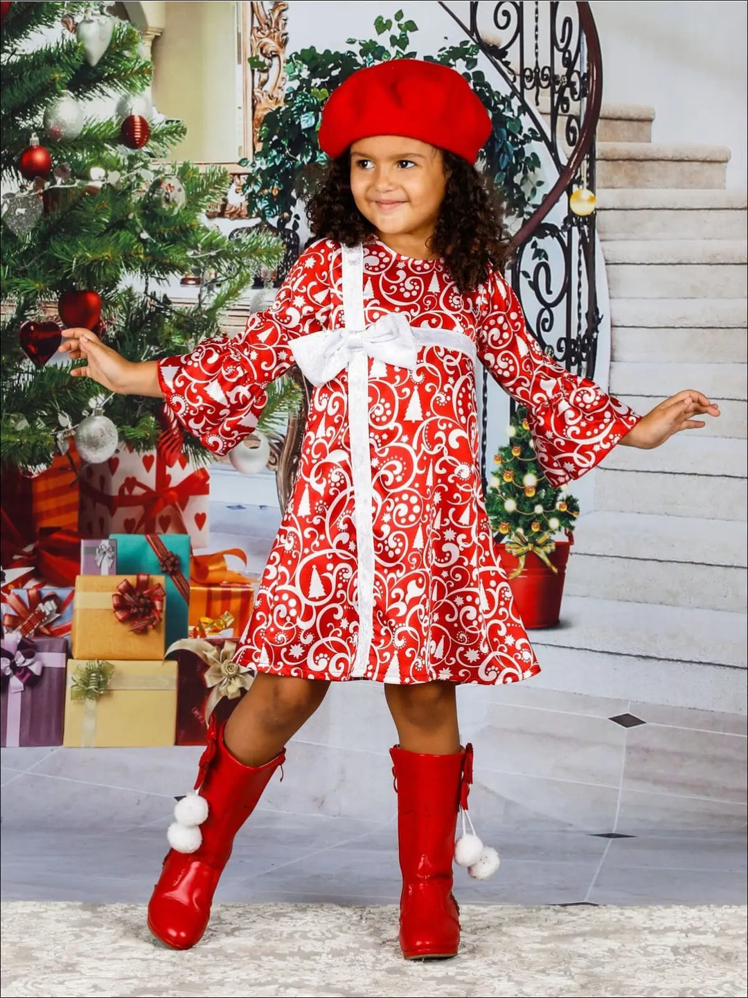 Girls Bell Sleeve Cross Over Bow Present Dress - Girls Christmas Dress