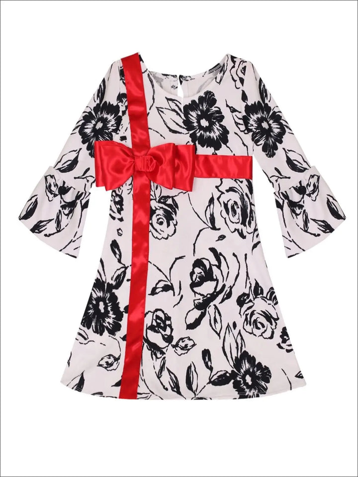Girls Bell Sleeve Cross Over Bow Present Dress - White / 2T/3T - Girls Christmas Dress