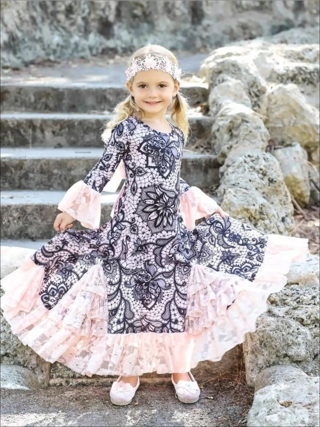 Winter Dressy Dresses | Floral Print Ruffle Lace Hem Maxi Dress