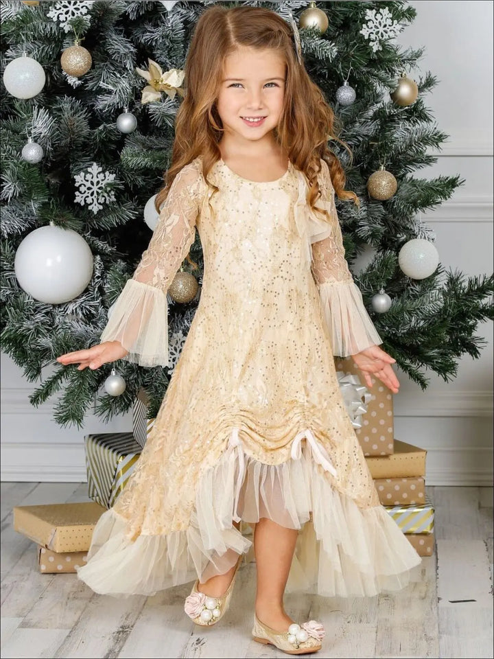Girls Bell Sleeve Lace Hi-Lo Drawstring Ruffled Dress - Girls Fall Dressy Dress