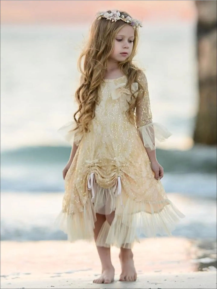 Girls Bell Sleeve Lace Hi-Lo Drawstring Ruffled Dress - Girls Fall Dressy Dress