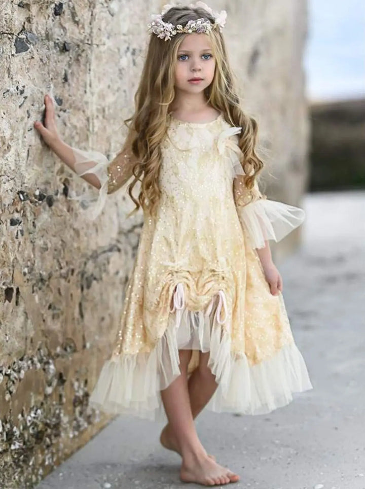 Girls Bell Sleeve Lace Hi-Lo Drawstring Ruffled Dress - Girls Fall Dressy Dress