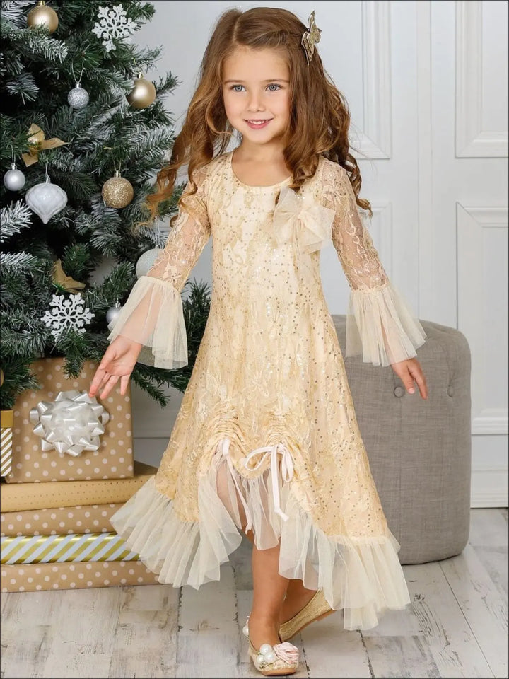 Girls Bell Sleeve Lace Hi-Lo Drawstring Ruffled Dress - Girls Fall Dressy Dress
