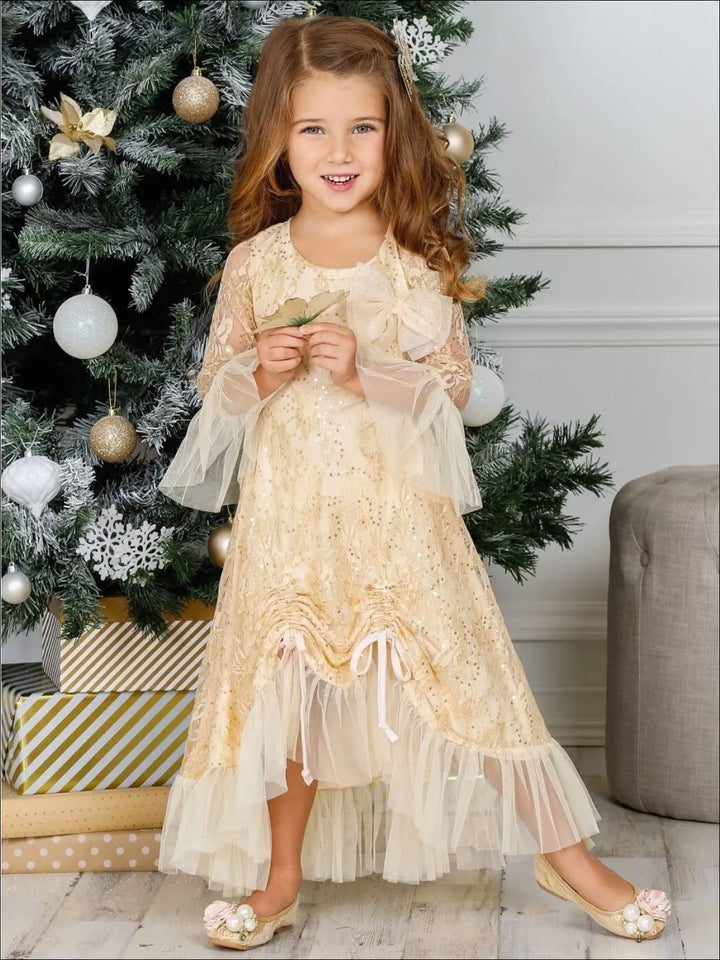 Girls Bell Sleeve Lace Hi-Lo Drawstring Ruffled Dress - Girls Fall Dressy Dress