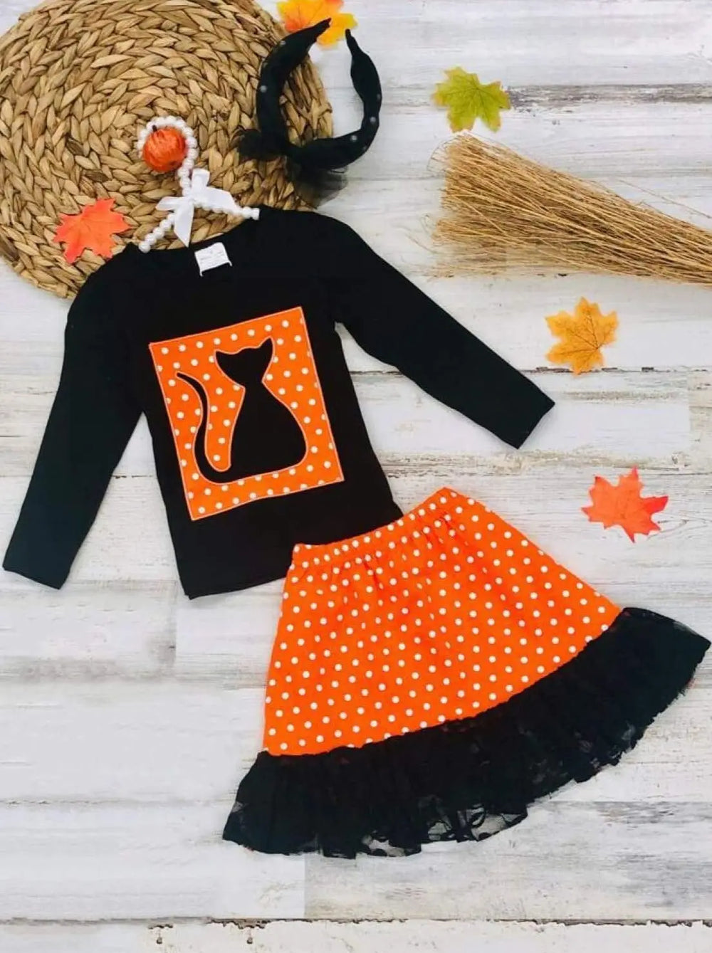Little girls long-sleeve top with cat and polka dot graphic applique and a matching polka dot midi skirt with floral lace hem - Mia Belle Girls