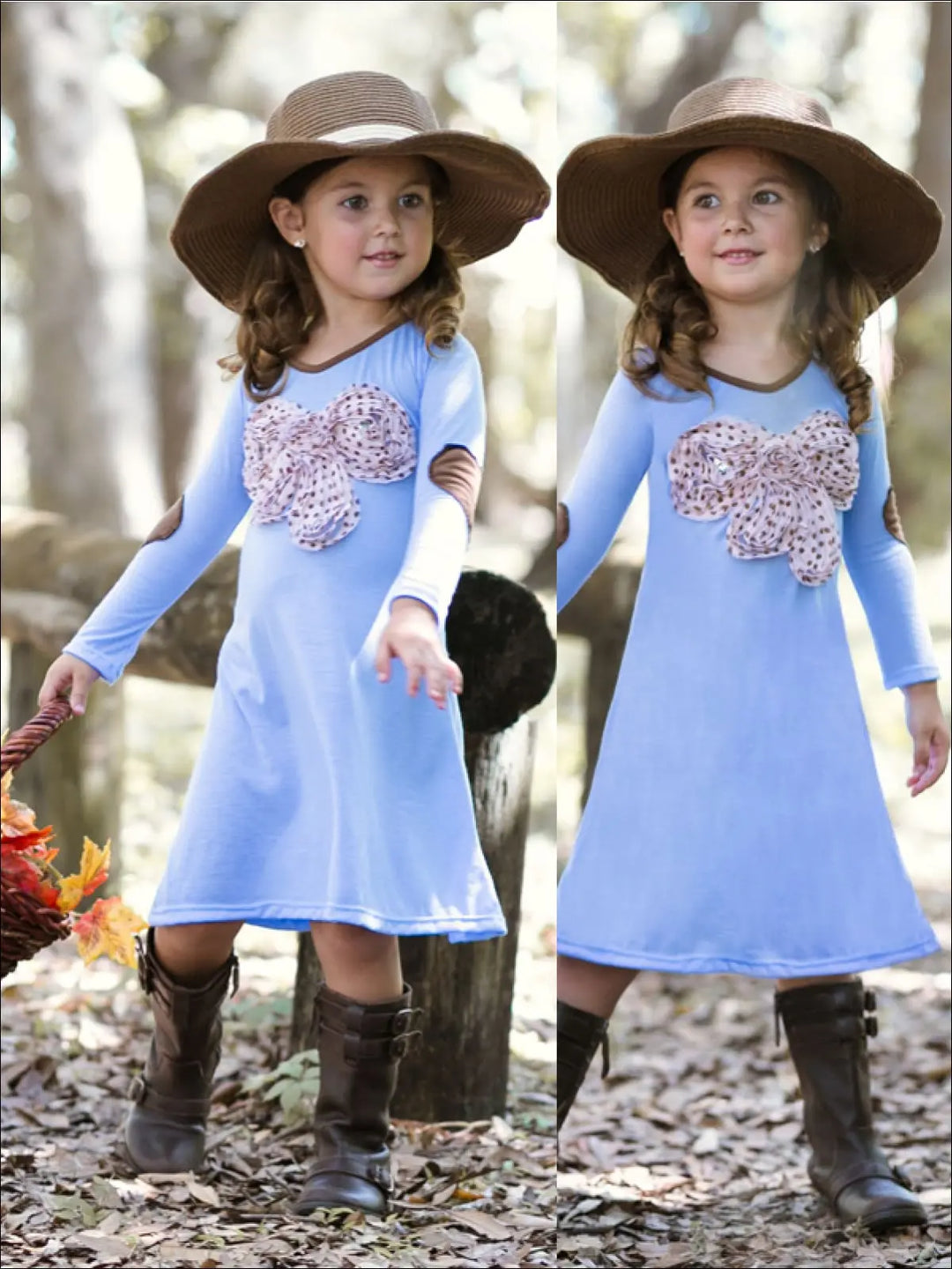 Girls Blue & Brown V-Neck A-Line Dress - Fall Low Stock