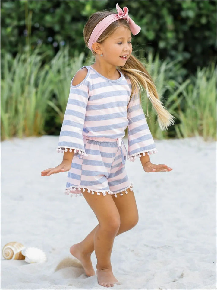 Toddler Spring Outfits | Girls Striped Cold Shoulder Pom Pom Romper