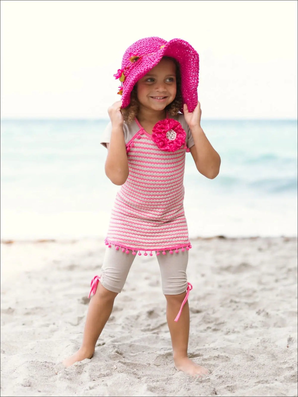 Girls Camel & Hot Pink Striped Raglan Sleeve Pom Pom Tunic & Side Tie Capri Legging Set - Girls Spring Casual Set