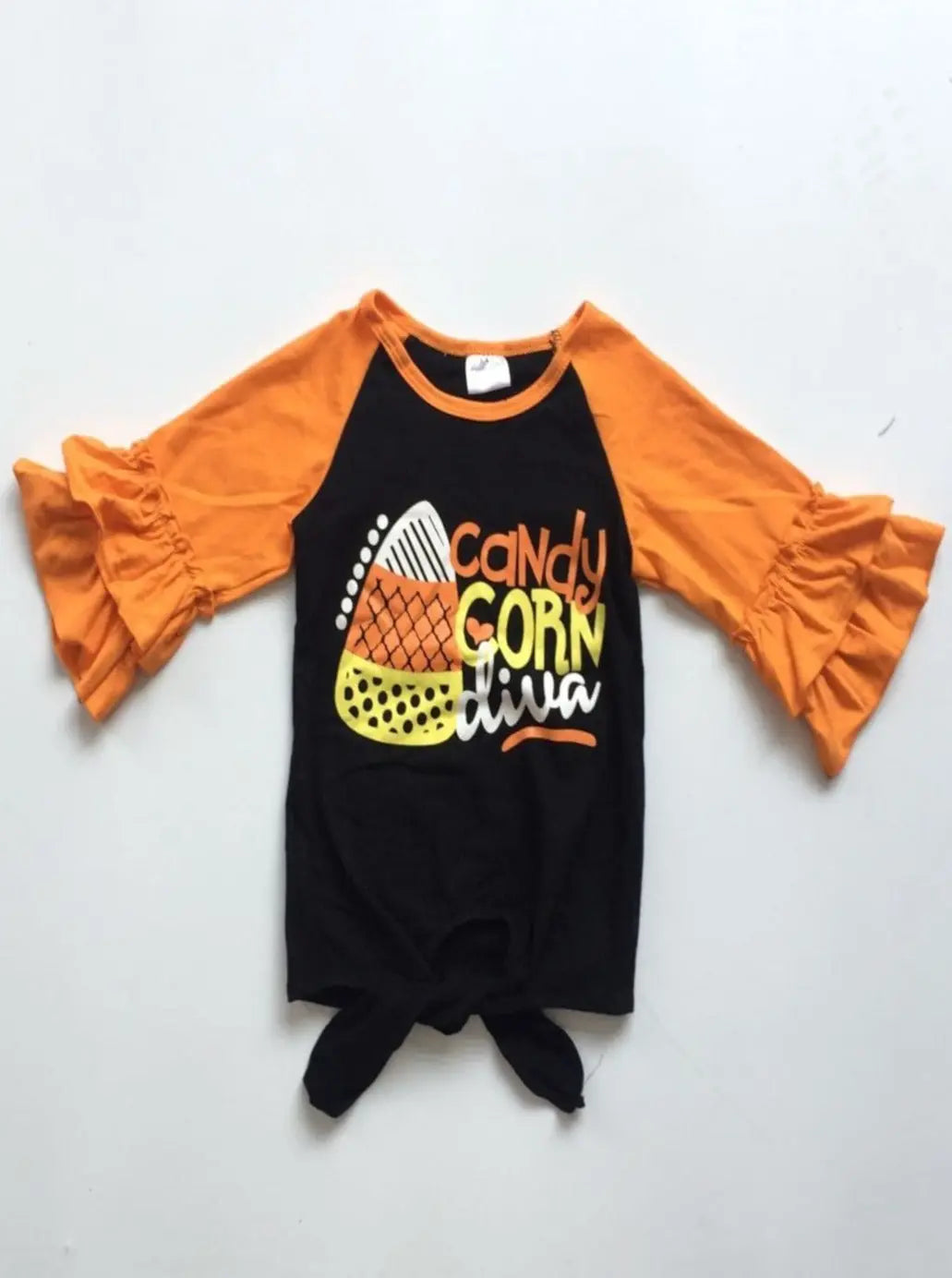Little Girls Halloween 3/4 quarter raglan sleeve "Candy Corn Diva" knot hem top with double ruffle cuffs - Mia Belle Girls