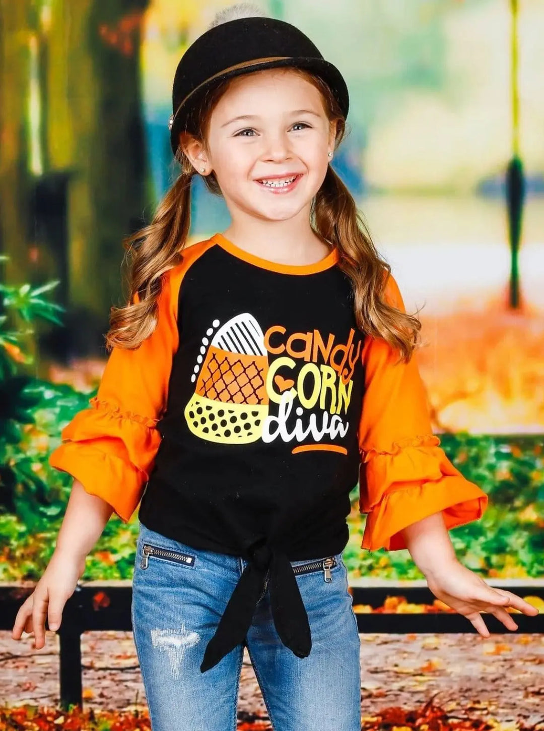 Girls Halloween Apparel | Candy Corn Diva Raglan Top - Mia Belle Girls