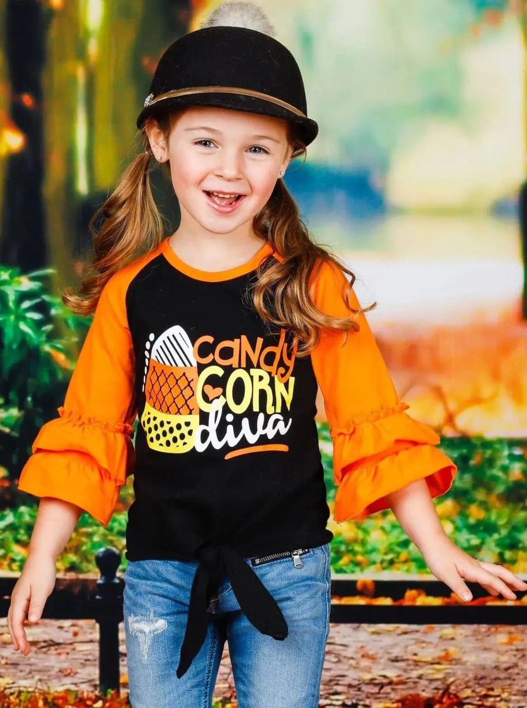 Little Girls Halloween 3/4 quarter raglan sleeve "Candy Corn Diva" knot hem top with double ruffle cuffs - Mia Belle Girls