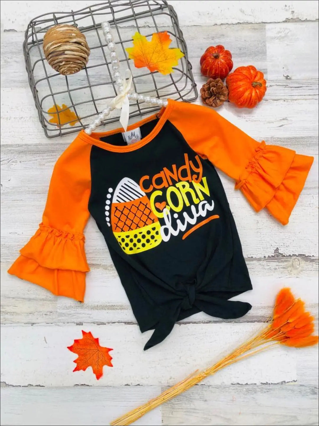 Little Girls Halloween 3/4 quarter raglan sleeve "Candy Corn Diva" knot hem top with double ruffle cuffs - Mia Belle Girls