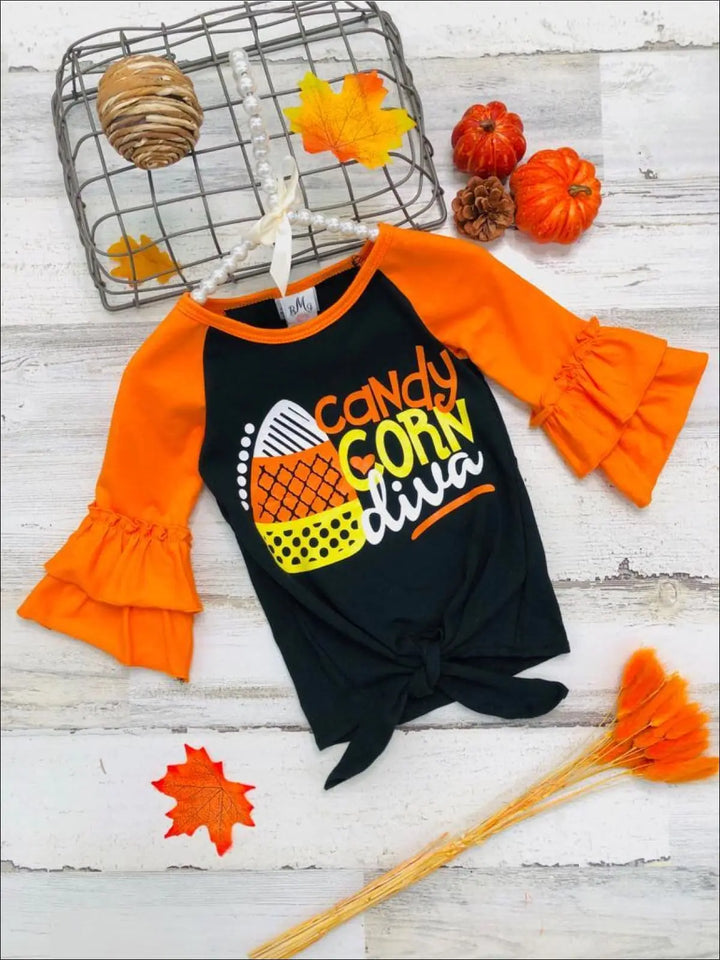 Little Girls Halloween 3/4 quarter raglan sleeve "Candy Corn Diva" knot hem top with double ruffle cuffs - Mia Belle Girls