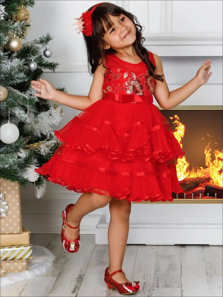 Girls Winter Formal Dress | Chiffon Embroidered Tiered Holiday Dress