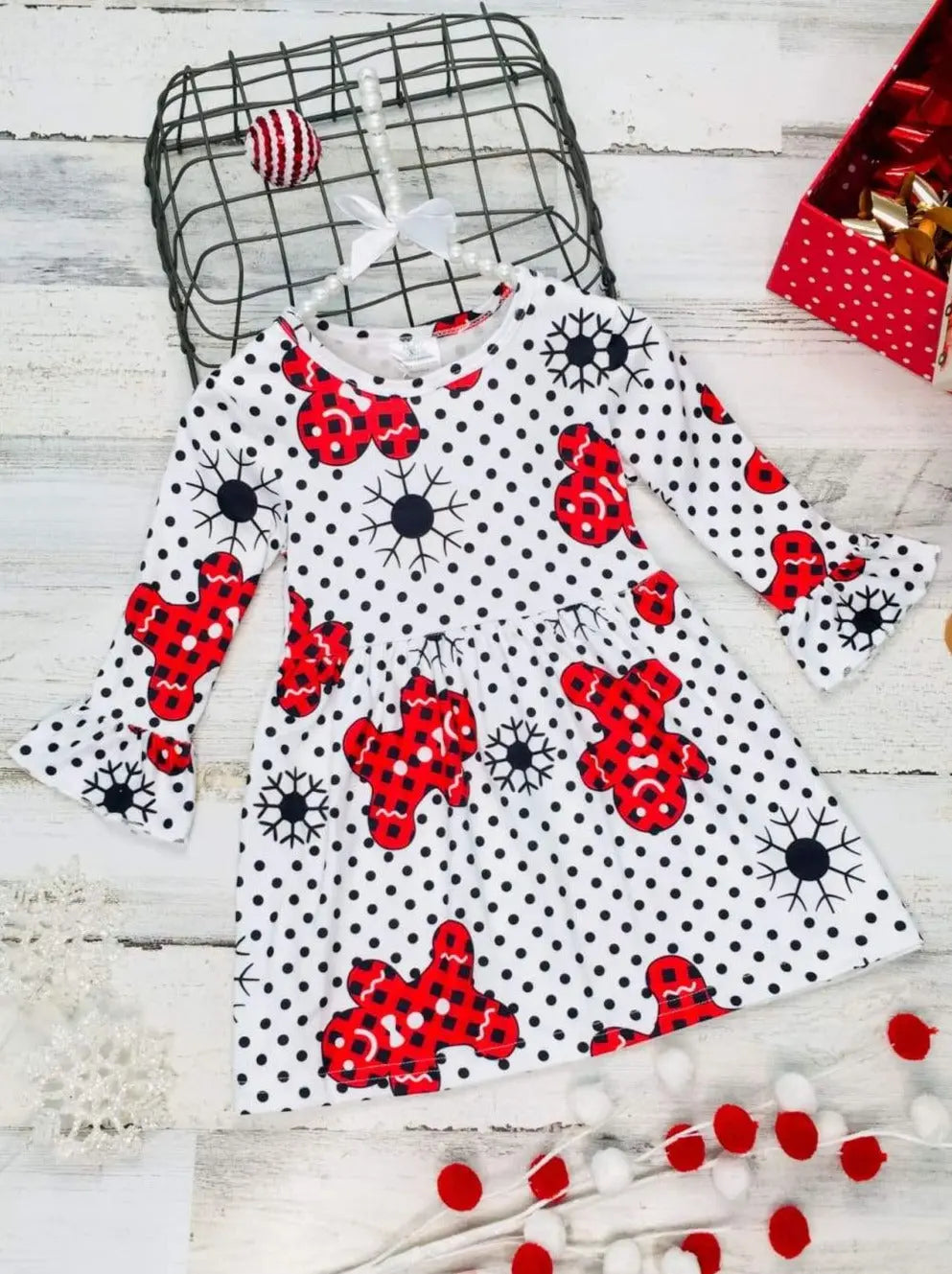 Christmas Dresses | Girls Flared Polka Dot Gingerbread Print Dress