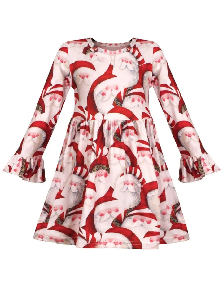 Girls Christmas Themed Santa Print Long Bell Sleeve Dress - Girls Christmas Dress