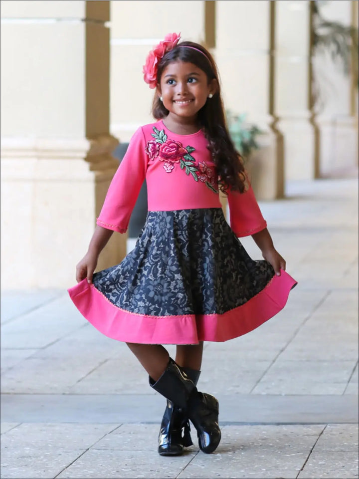 Winter Dressy Dresses | Girls 3/4 Sleeve Floral Embroidered Lace Dress