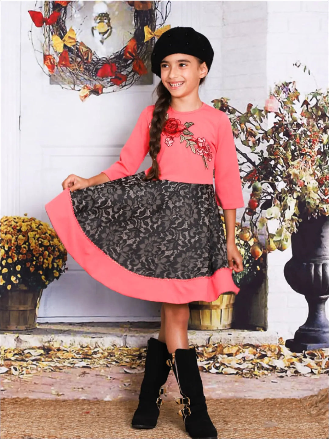 Winter Dressy Dresses | Girls 3/4 Sleeve Floral Embroidered Lace Dress