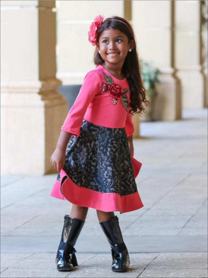 Winter Dressy Dresses | Girls 3/4 Sleeve Floral Embroidered Lace Dress