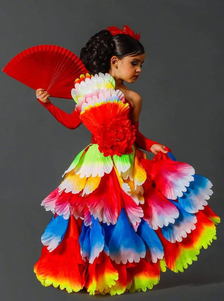 Kids Halloween Costumes | Deluxe Rainbow Spanish Flamenco Dancer Dress