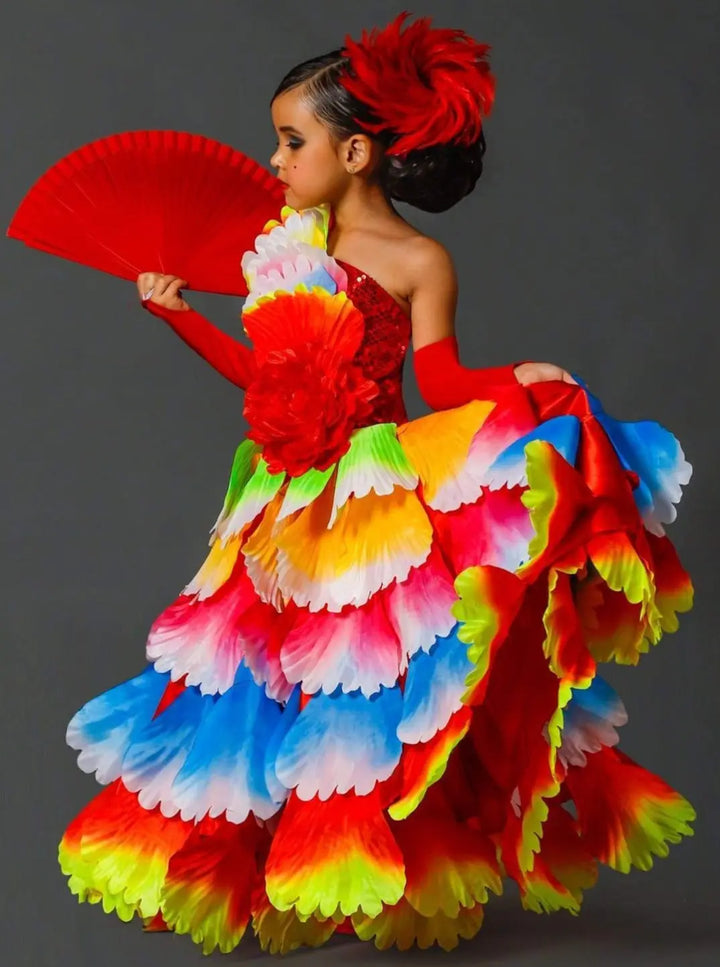 Kids Halloween Costumes | Deluxe Rainbow Spanish Flamenco Dancer Dress
