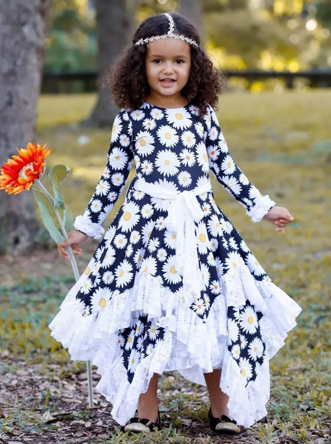 Girls Double Layer Handkerchief Dress with Lace Ruffles - Girls Fall Dressy Dress