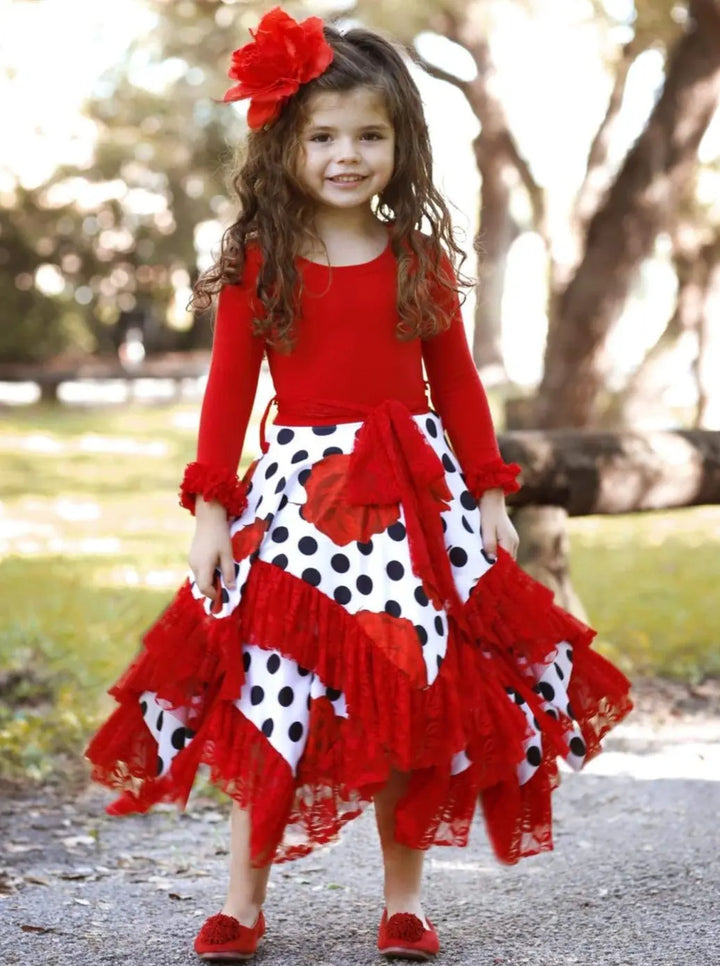 Girls Double Layer Handkerchief Dress with Lace Ruffles - Girls Fall Dressy Dress
