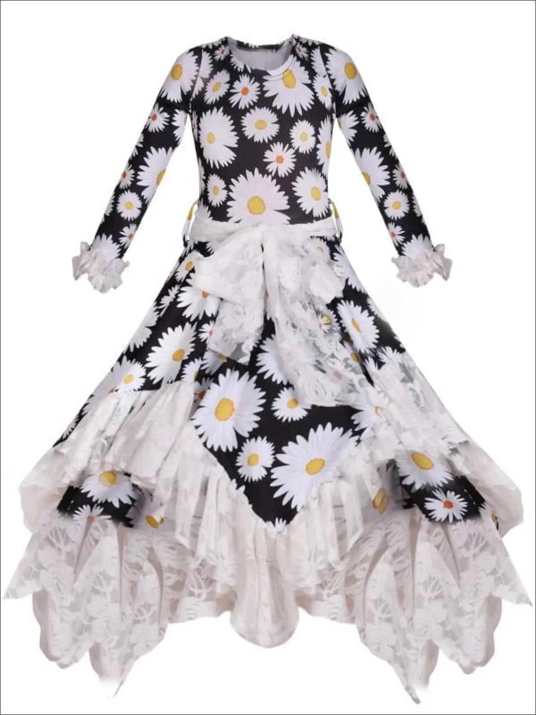 Girls Double Layer Handkerchief Dress with Lace Ruffles - Black / 2T-3T - Girls Fall Dressy Dress