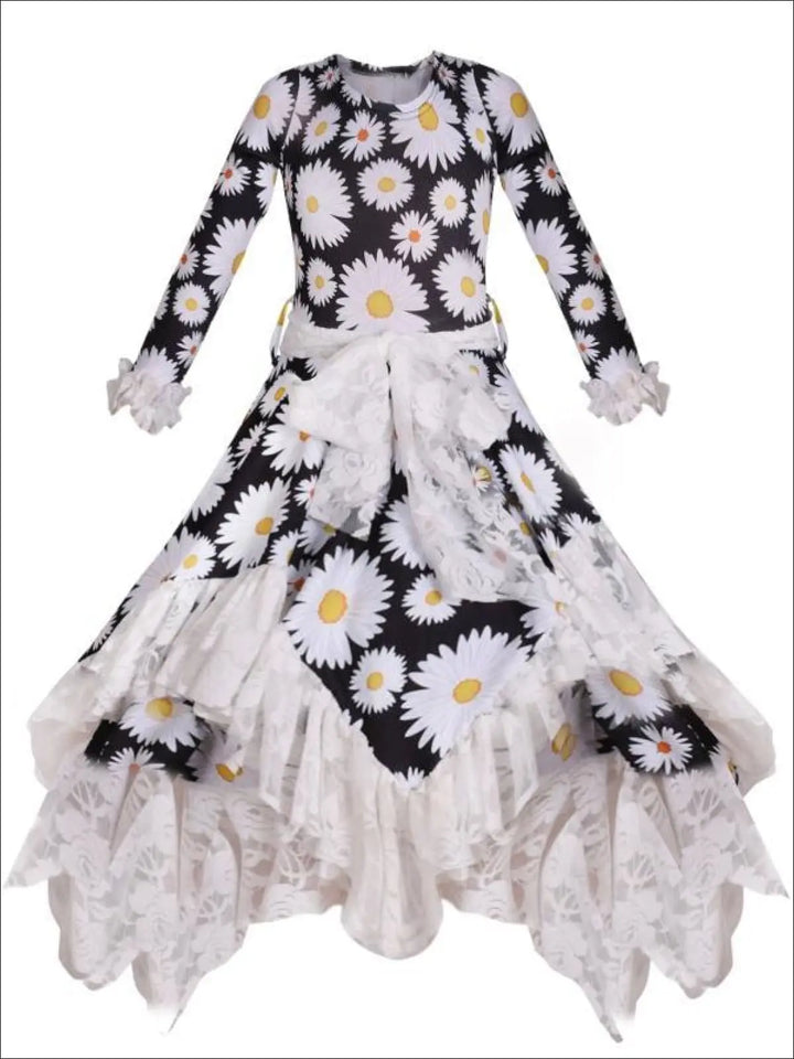 Girls Double Layer Handkerchief Dress with Lace Ruffles - Black / 2T-3T - Girls Fall Dressy Dress