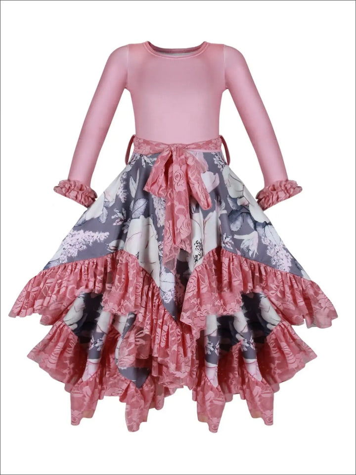 Girls Double Layer Handkerchief Dress with Lace Ruffles - Pink / 2T-3T - Girls Fall Dressy Dress