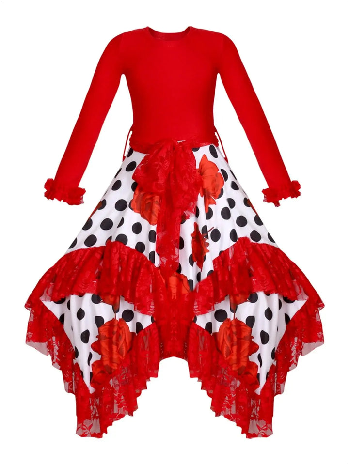 Girls Double Layer Handkerchief Dress with Lace Ruffles - Red / 2T-3T - Girls Fall Dressy Dress