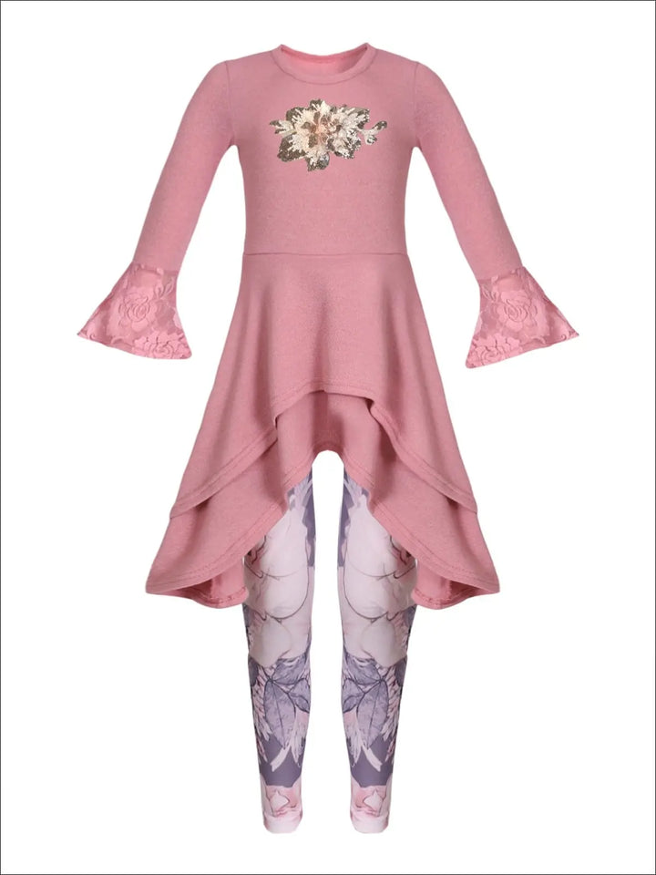 Girls Shark Bite Tiered Tunic & Floral Leggings Set - Mia Belle Girls