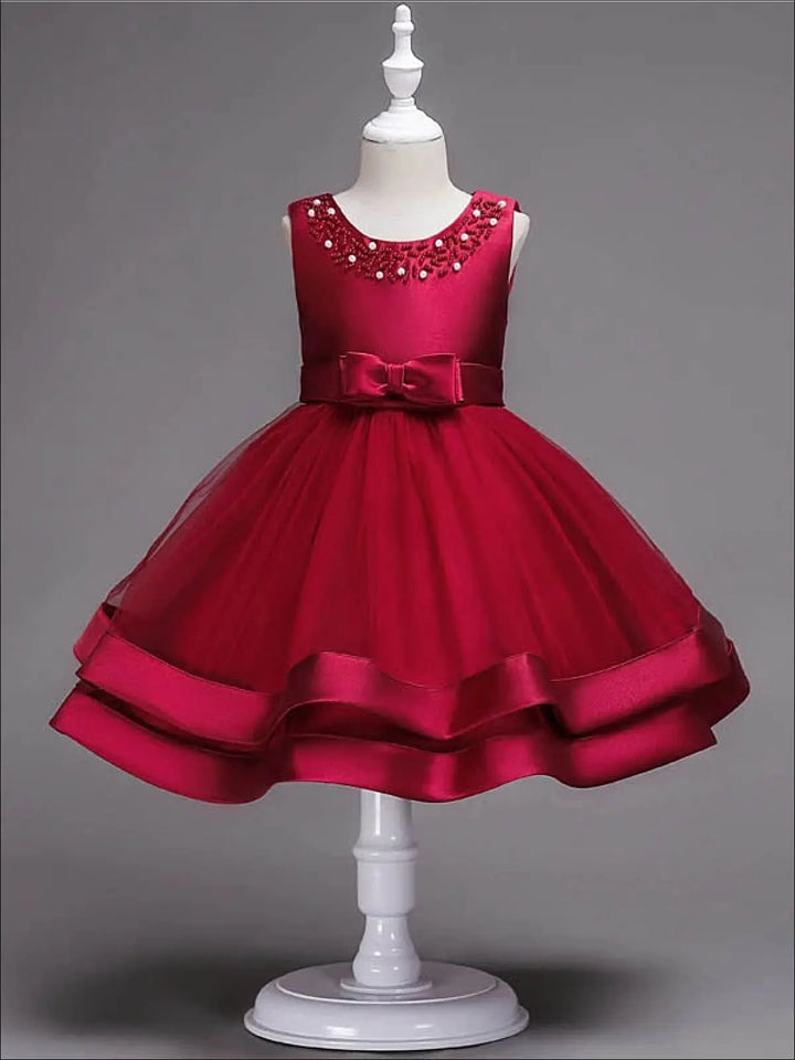 Girls Special Occasion Dress | Pearl Embellished Layered Satin Dress