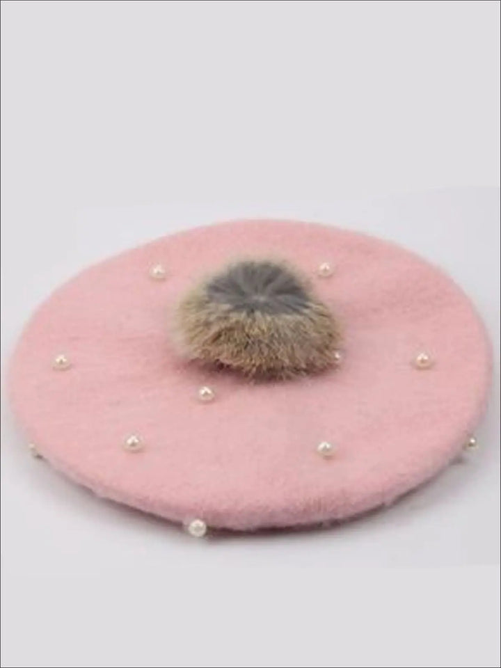 Girls Faux Pearl Fur Pom Beret