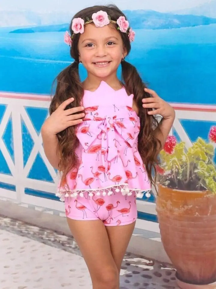 Kids Swimsuits | Girls Flamingo Print Crown Tankini & Shorts Swimsuit