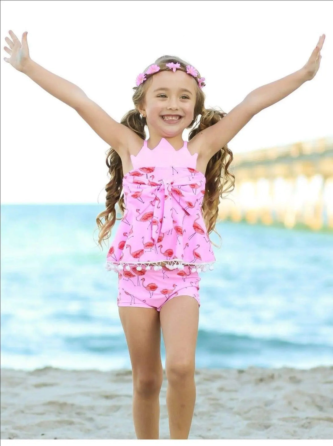 Kids Swimsuits | Girls Flamingo Print Crown Tankini & Shorts Swimsuit