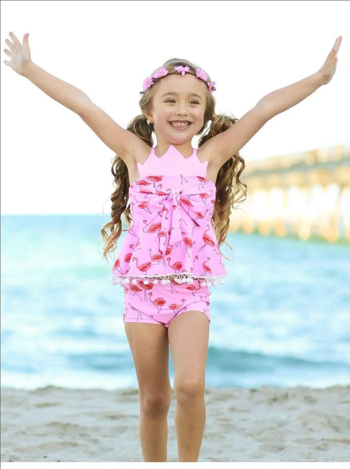 Kids Swimsuits | Girls Flamingo Print Crown Tankini & Shorts Swimsuit
