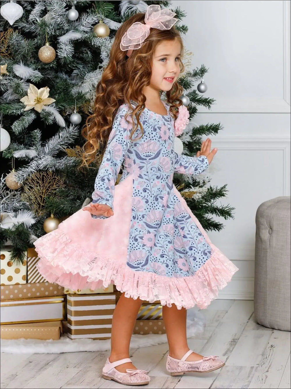 Winter Dressy Dresses | Girls Floral Lace Side Inserts Ruffle Dress