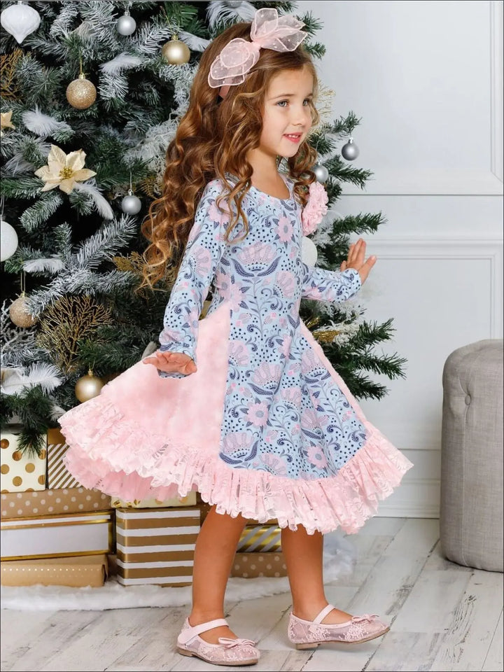 Winter Dressy Dresses | Girls Floral Lace Side Inserts Ruffle Dress