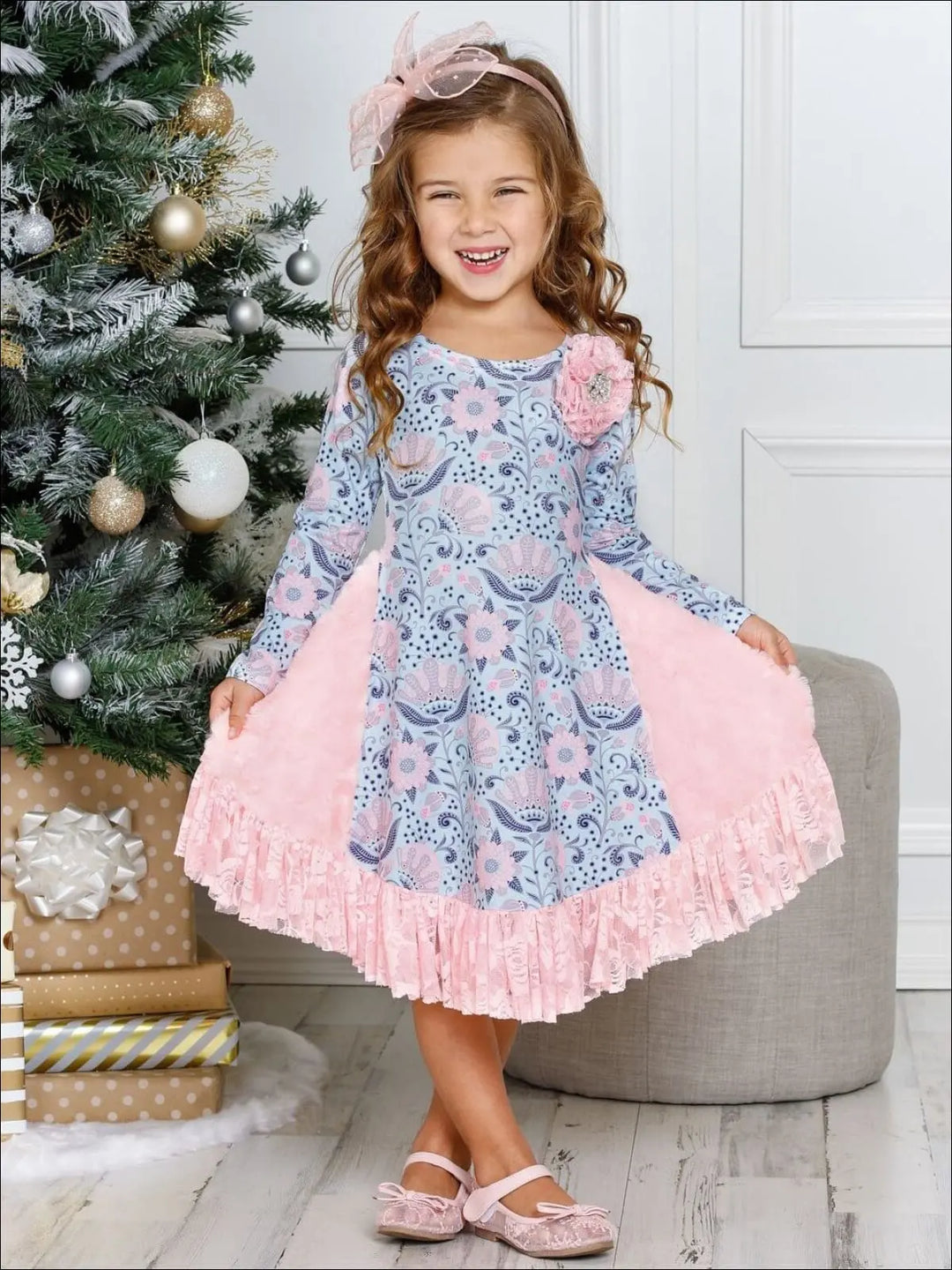 Winter Dressy Dresses | Girls Floral Lace Side Inserts Ruffle Dress