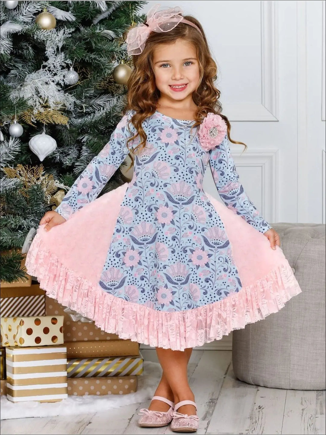 Winter Dressy Dresses | Girls Floral Lace Side Inserts Ruffle Dress