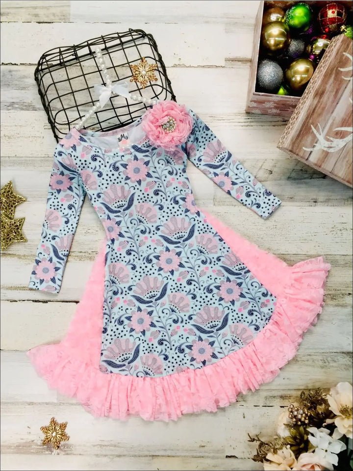 Winter Dressy Dresses | Girls Floral Lace Side Inserts Ruffle Dress