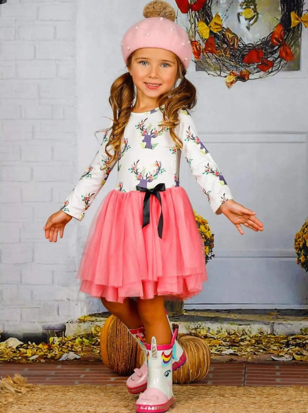 Girls Floral Reindeer Print Long Sleeve Tutu Dress with Bow - Girls Fall Casual Dress