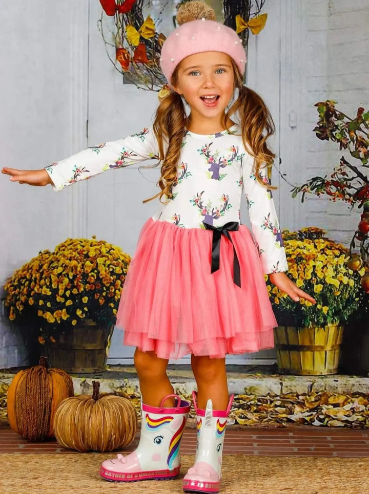 Girls Floral Reindeer Print Long Sleeve Tutu Dress with Bow - Girls Fall Casual Dress