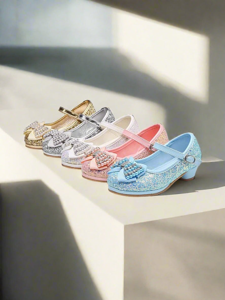 Girls Glitter Bow Tie Pearl Embellished Princess Shoes - Girls Flats